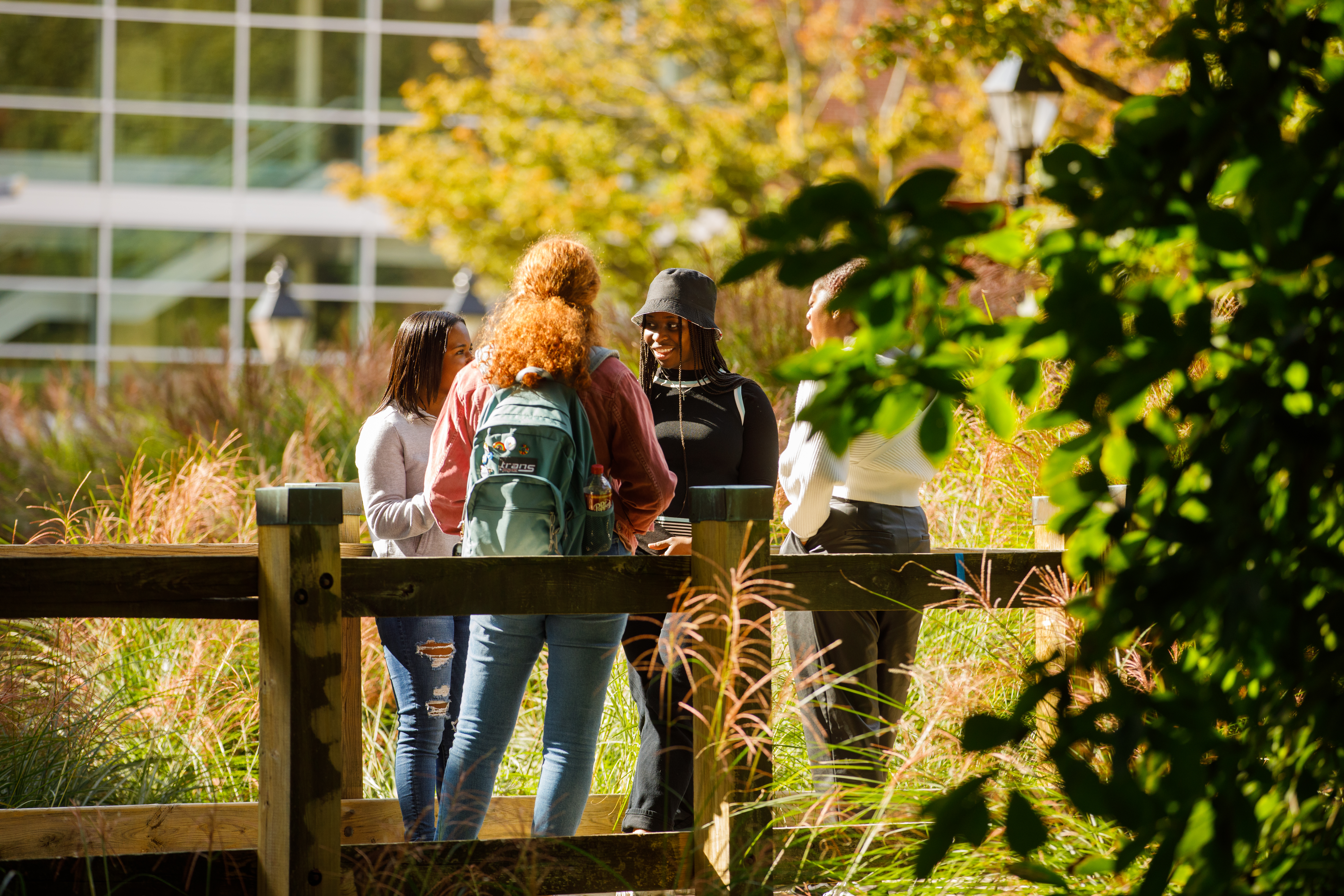 Washington College students standing on a bridge talking.