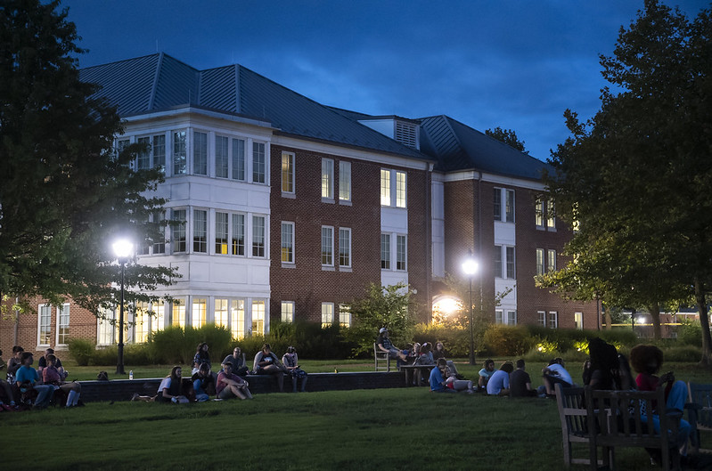 Students hanging out outside Washington College residential halls