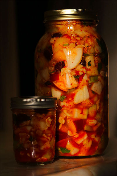 Fruit kimchi makes an invigorating breakfast, hunger-curbing snack, or guilt-free dessert. A deliciously evolving journey, the flavor changes the longer it ferments.