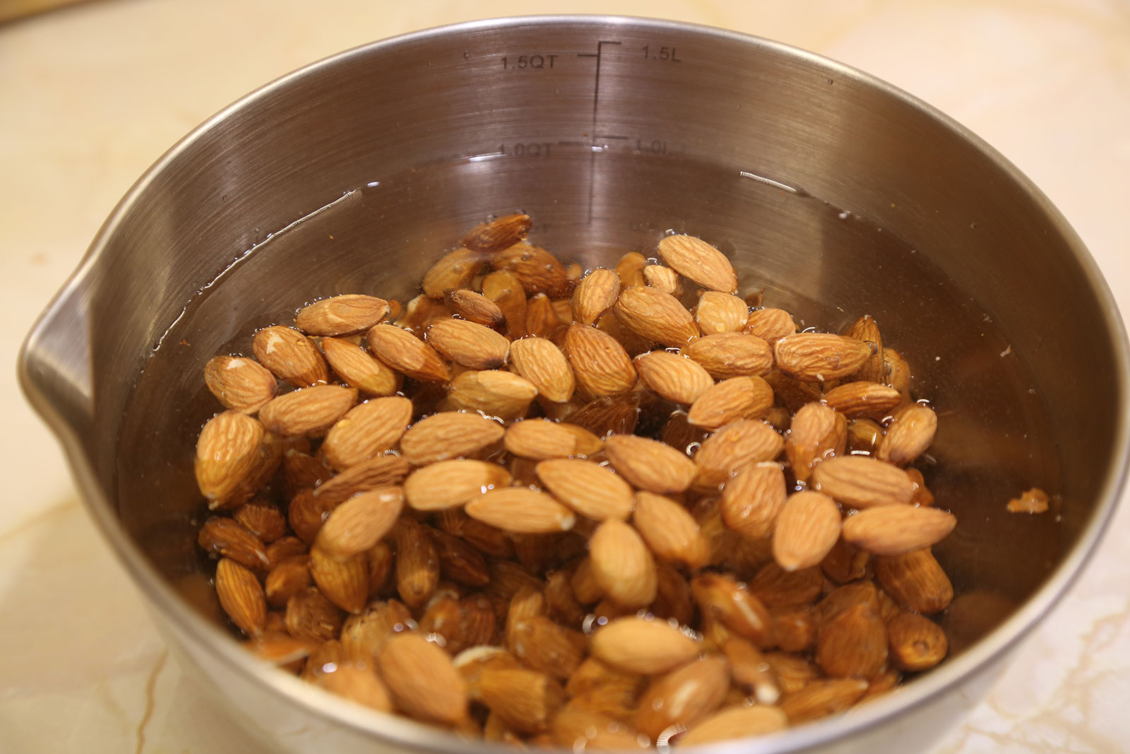 Soak the almonds overnight in a bowl of filtered water.