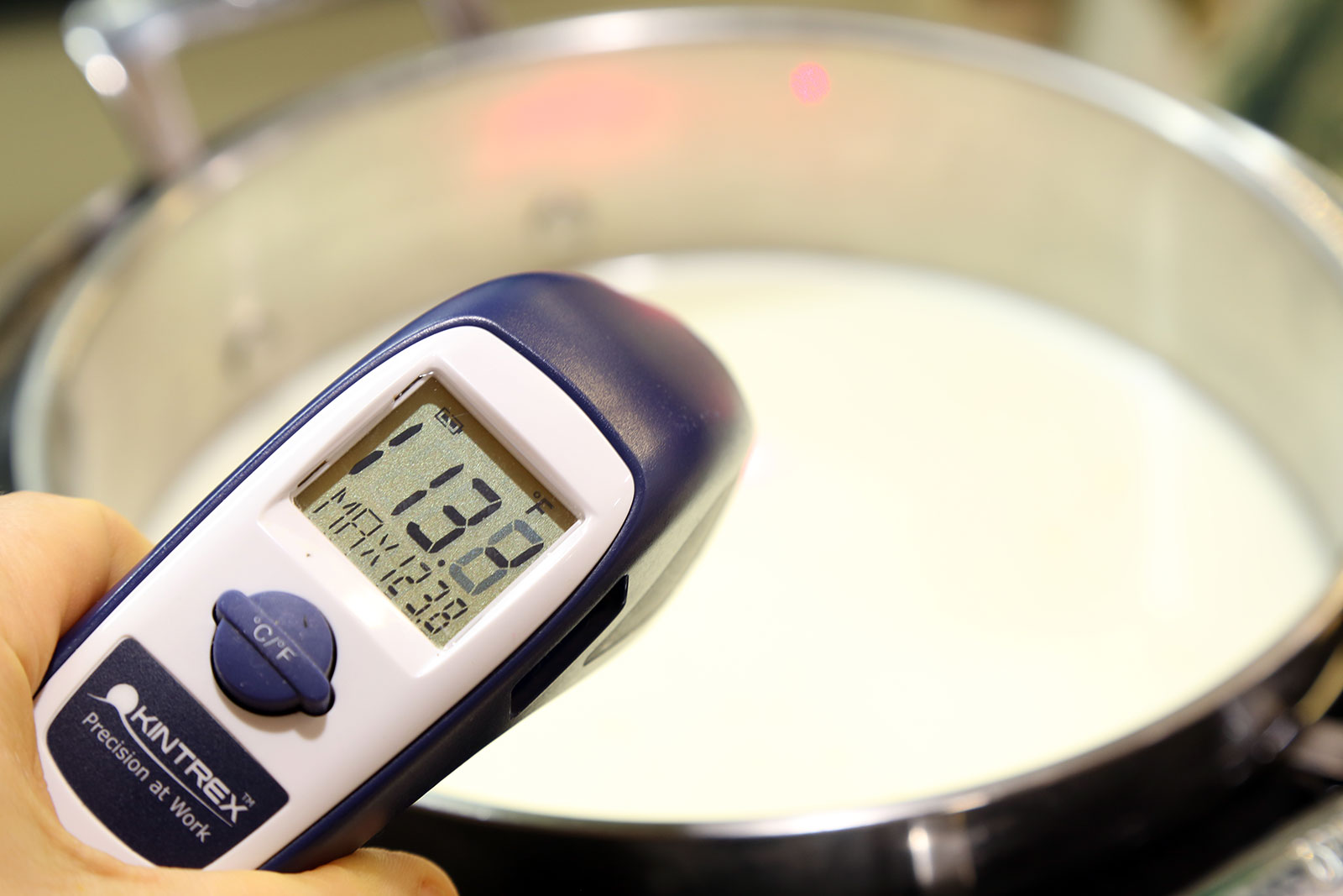 The heated and cooled milk is ready to be poured into jars with yogurt culture.