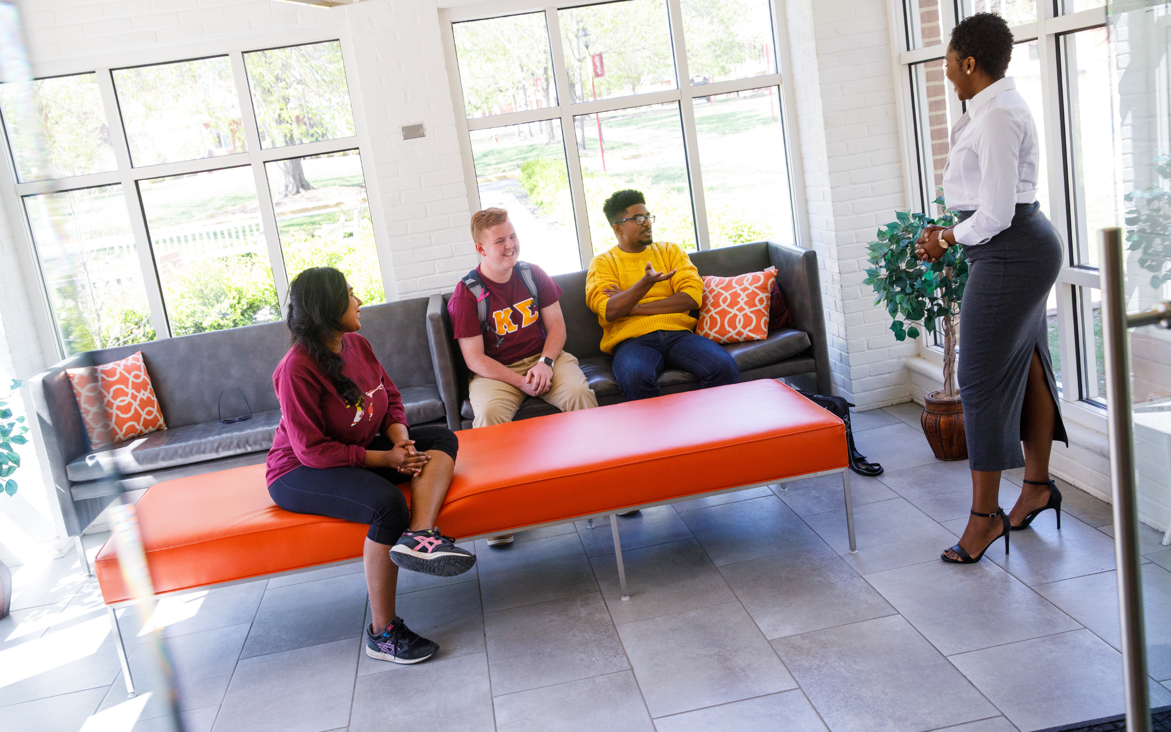 Washington College students sitting on a couch in the Center for Career Development