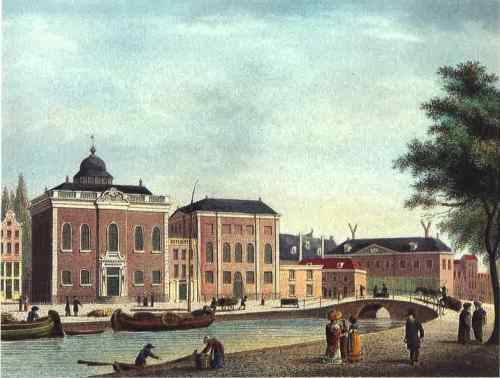 An 1825 painting by Cornelis de Kruyf depicts the four Ashkenazi synagogues of Amsterdam lining a canal.