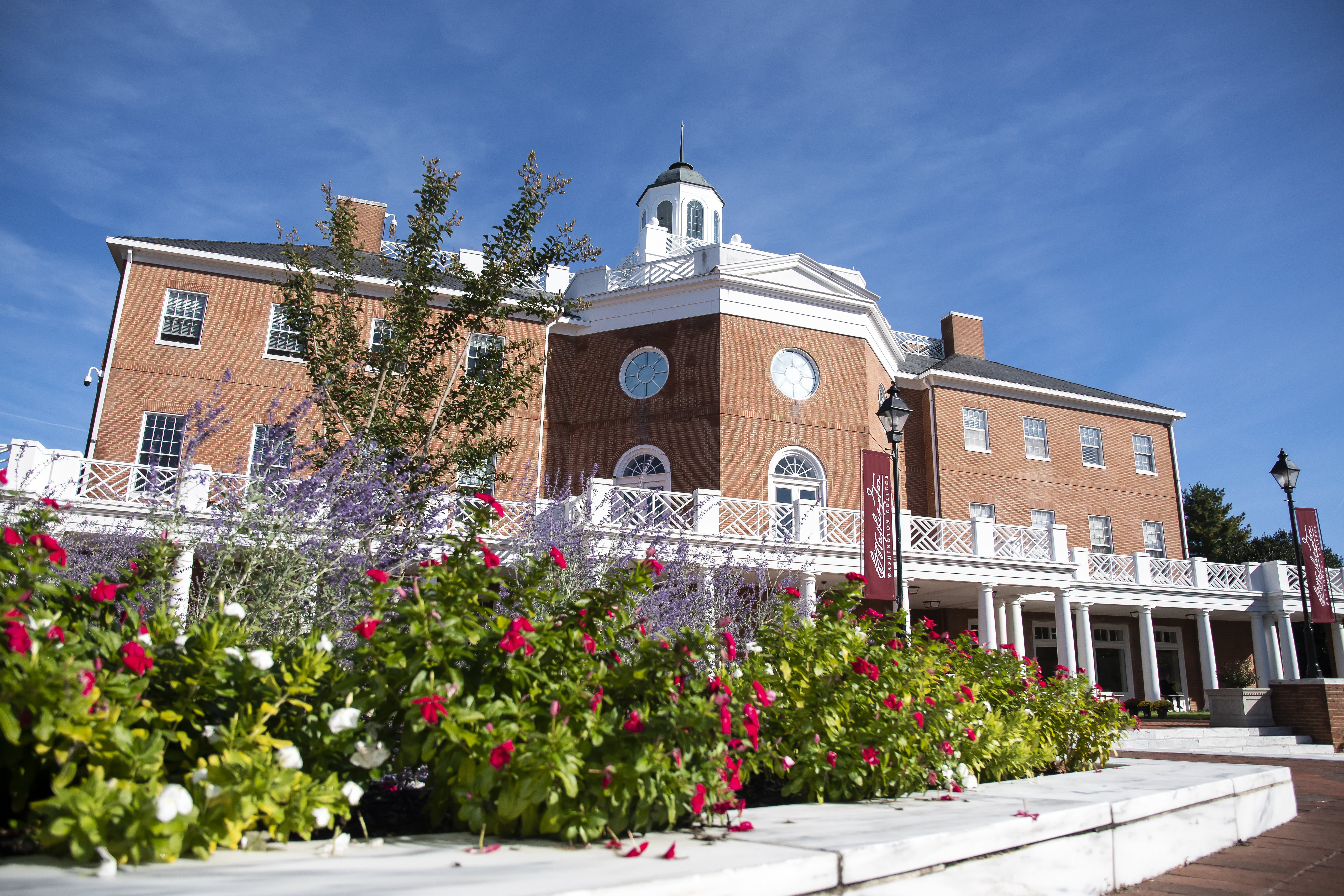 The Casey Academic Center behind flowering plants on Martha Washington Square