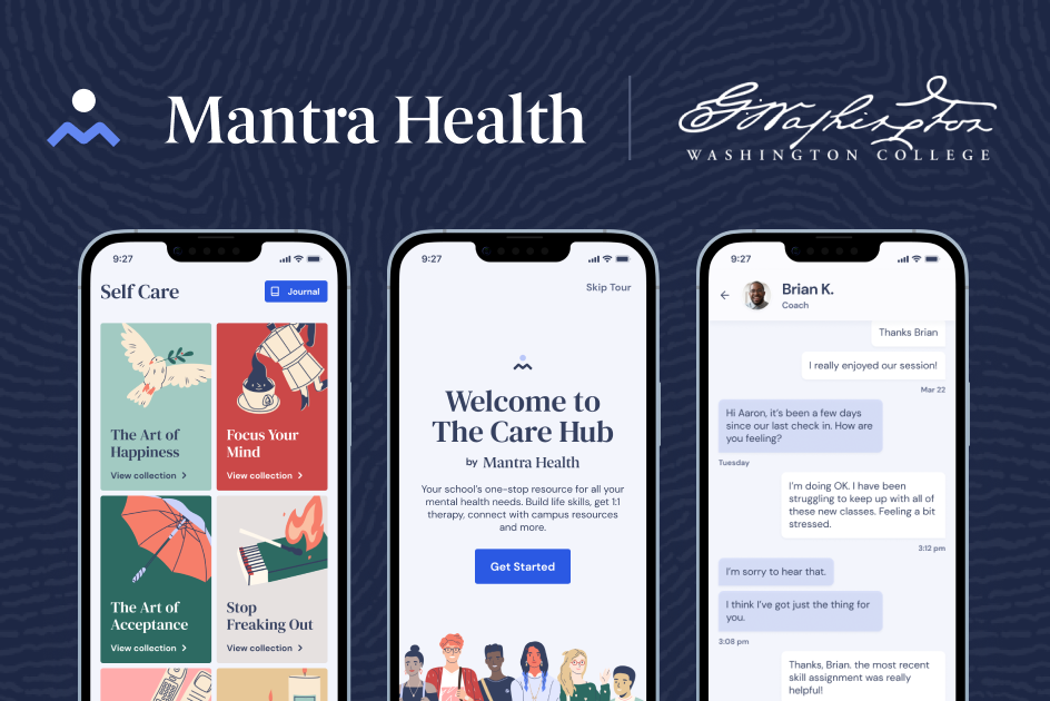 illustration of three cell phones showing Mantra Health Care Hub screens below logos of Mantra Health and Wahsington College
