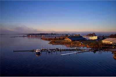 Aerial view of Washington College's waterfront campus on the Chester River