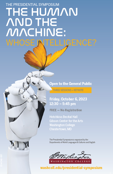 poster for symposium showing butterfly landed on robotic hand