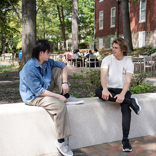 Two students talk on the library terrace
