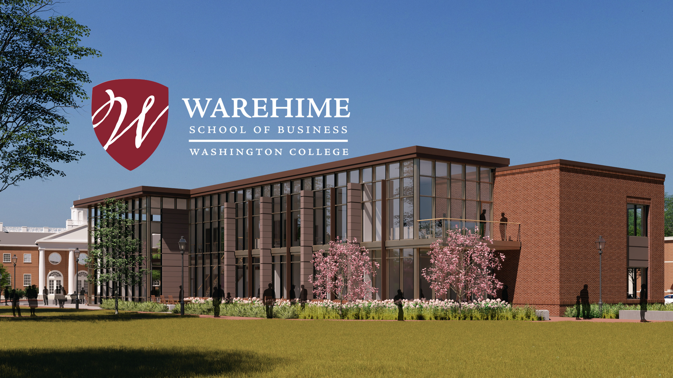 rendering of new building below logo of Warehime School of Business, Washington College