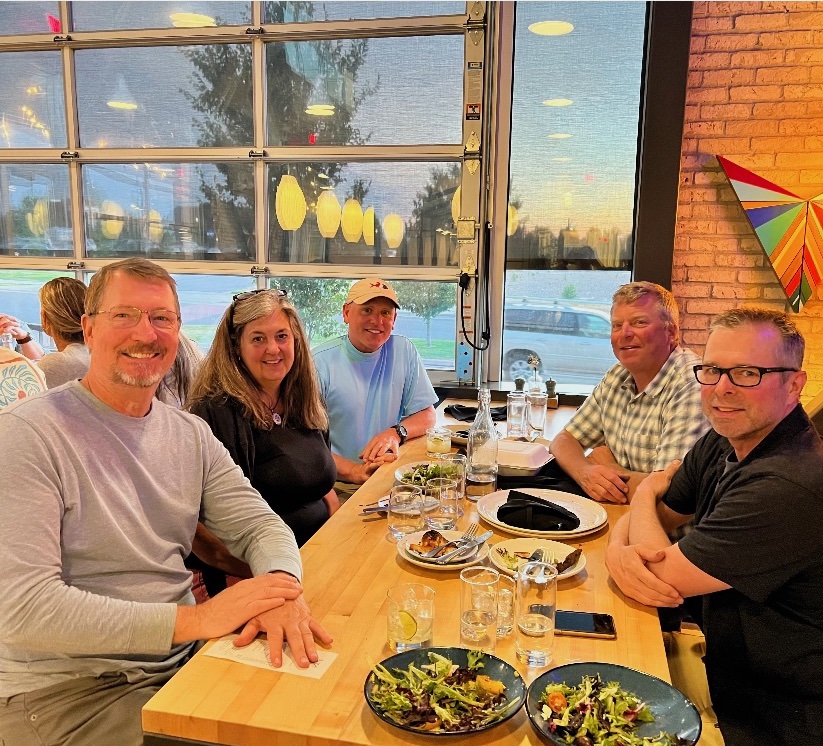 Carl Polhaus, Willy Thompson '86, Christine Charmack Thompson '86, Pete Emerson, Dave Hecksher got together to catch up.