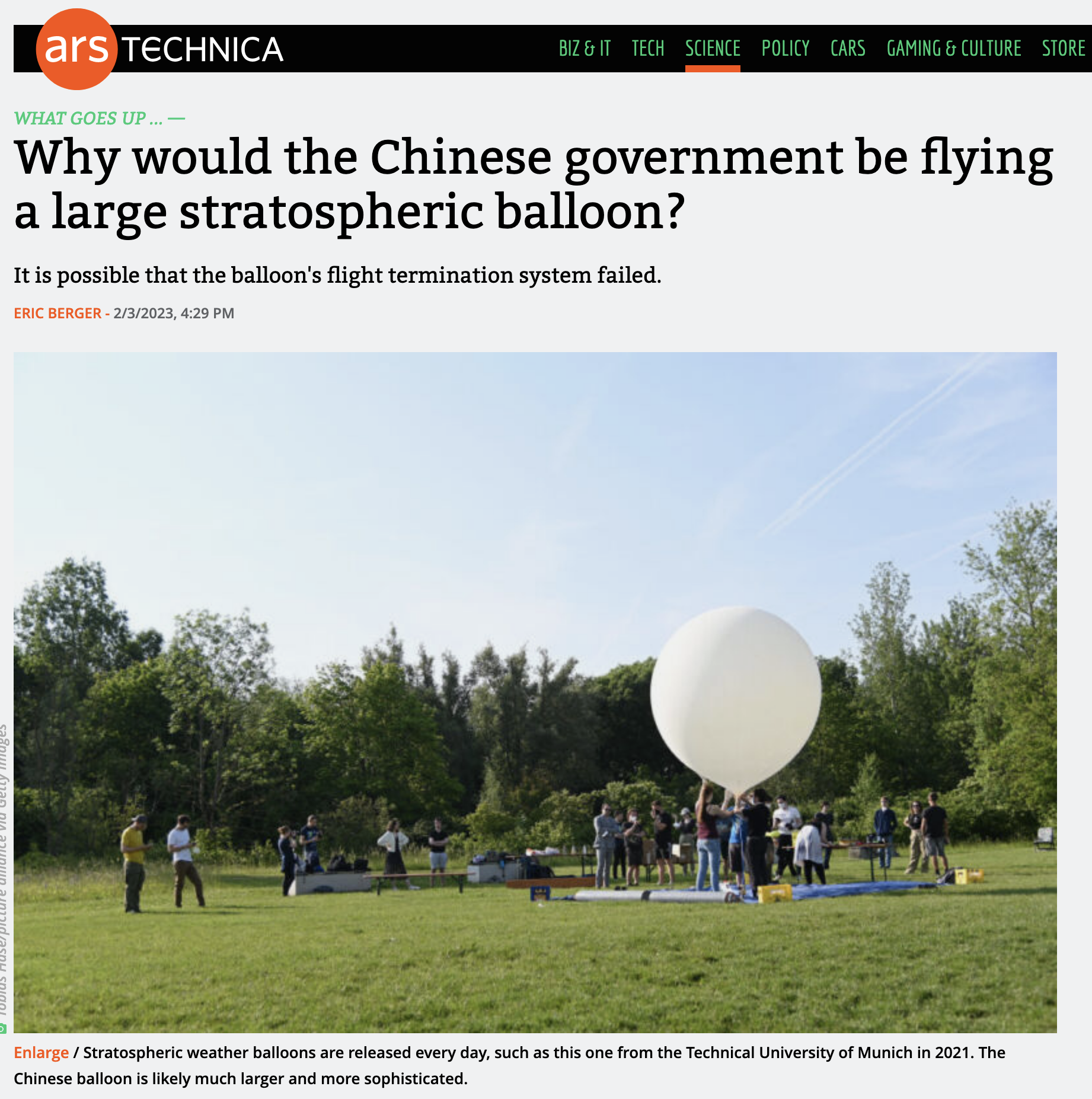 Screenshot of news article about chinese weather balloon