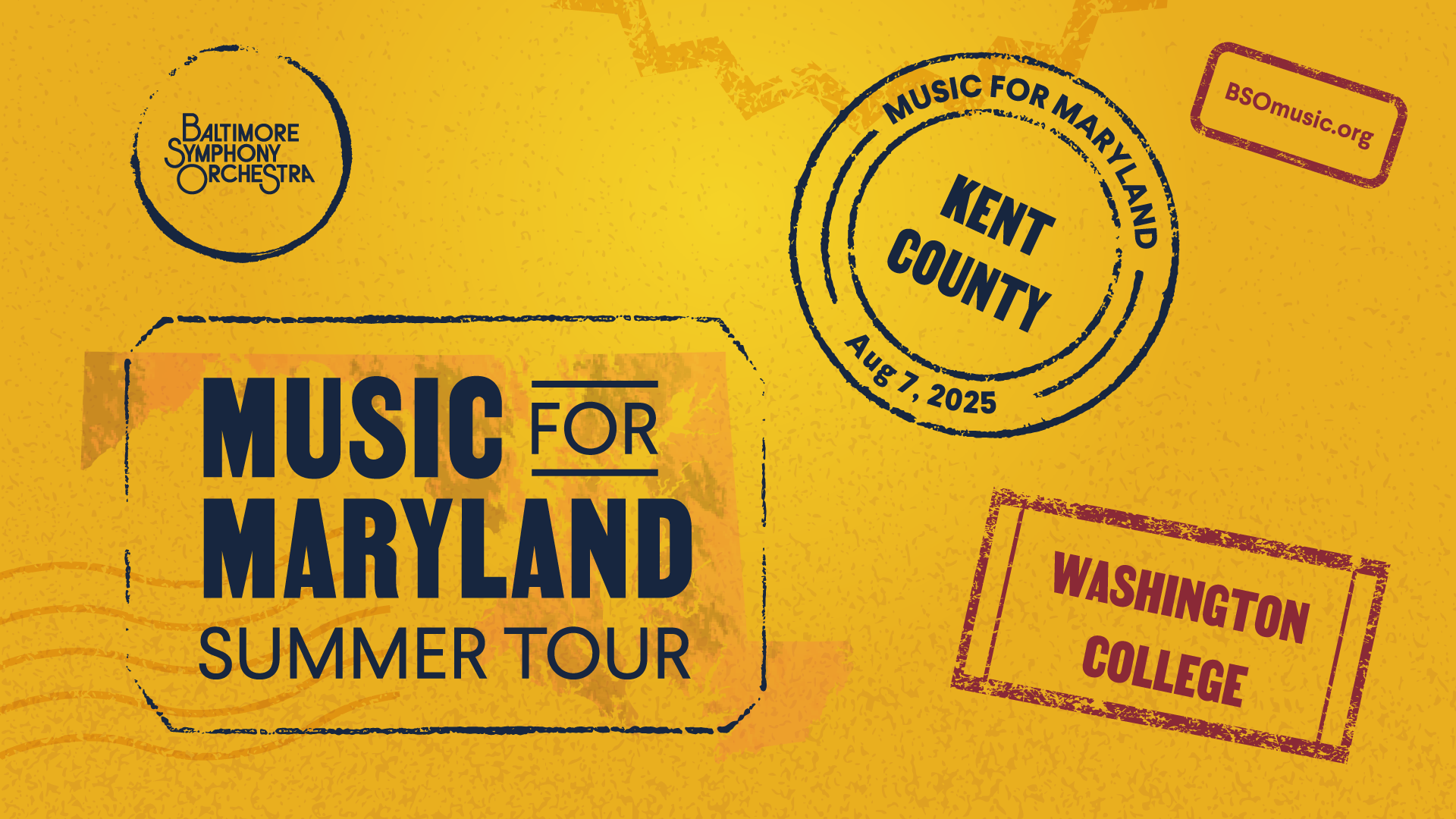 illustration in style of envelope stamped with the text "Baltimore Symphony Orchestra, Music for Maryland Summer Tour, Kent County, August 7, 2025, Washington College, bsomusic.org"