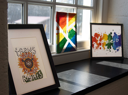 three signs on a windowsill saying "Trans Rights Are Human Rights" and two that say "Love"