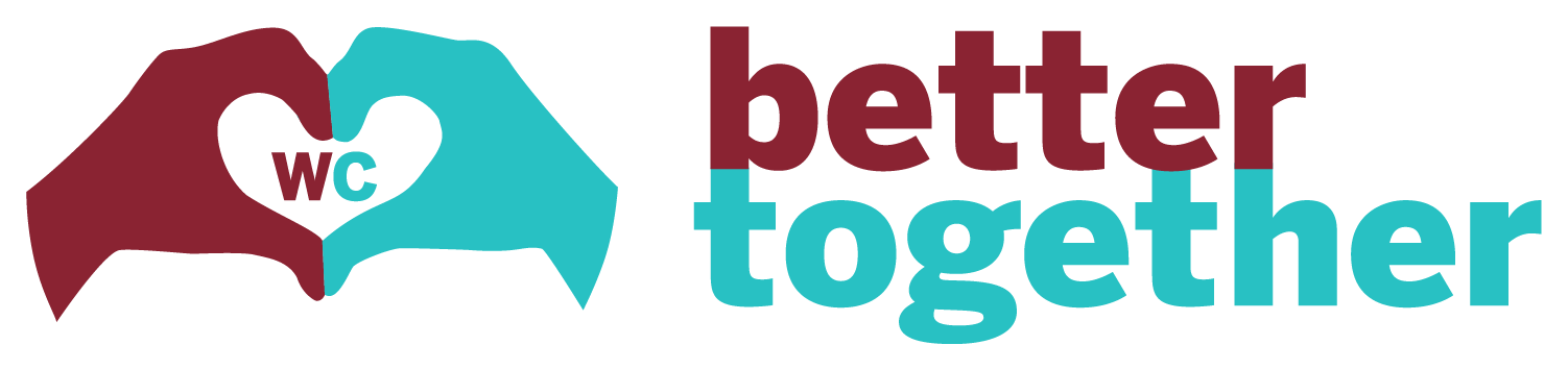 Better Together logo for Washington College featuring two hands in maroon and aqua creating a heart around the letters "WC"