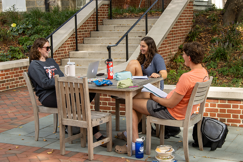 students hanging out on the library terrace