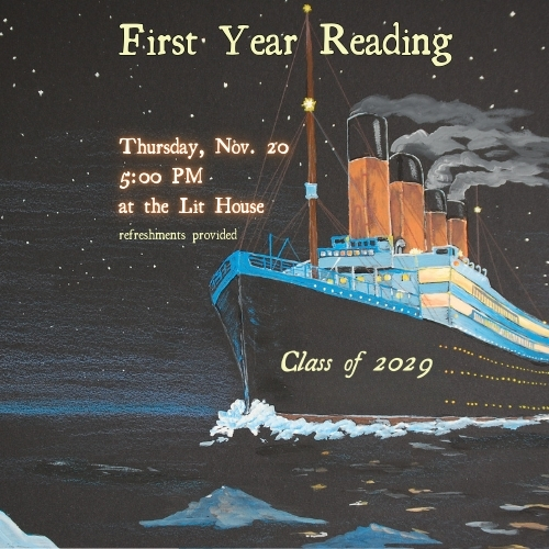 a steamship labeled Class of 2029 sails out at night
