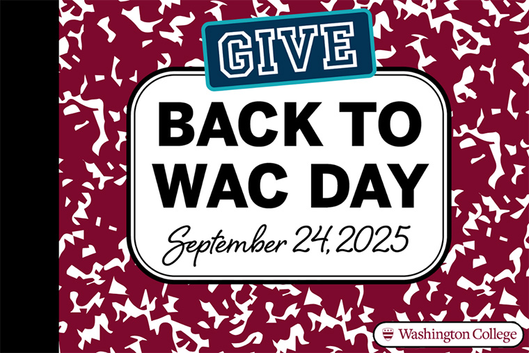 Maroon composition book reading "Give Back to WAC Day September 24, 2025" over the Washington College logo
