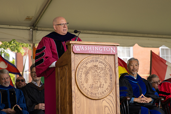 Larry Hogan delivering the Washington College Comencement keynote address