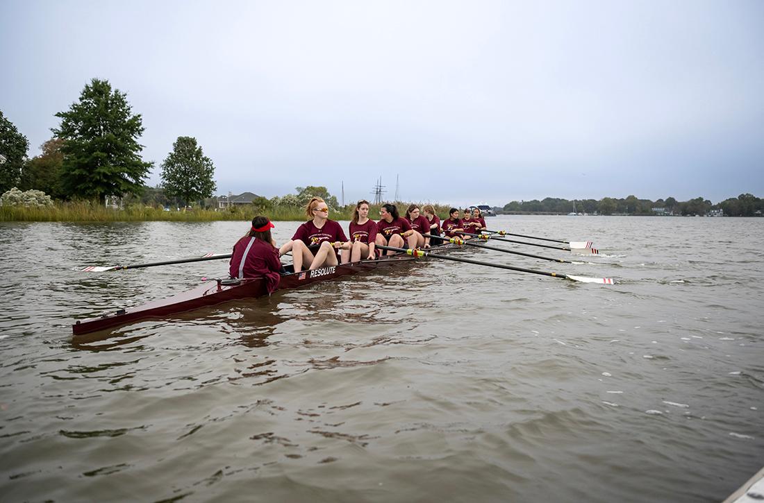 students rowing on the Chester River