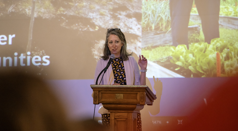 Hilary Falk of the Chesapeake Bay Foundation addresses students and faculty at Washington College