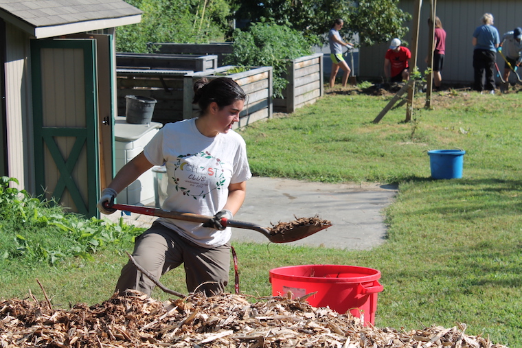 Zoe Brookbank ’26, president of the Composting Club, works to in the Washington College Campus Garden. 