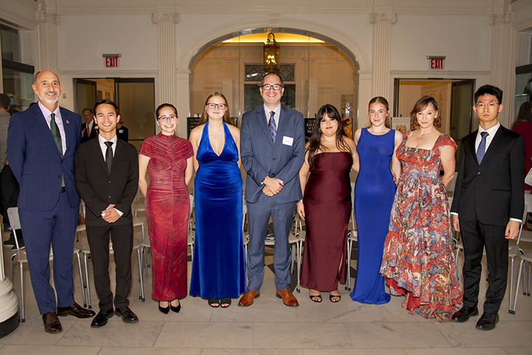 Washington College students and Starr Center leaders Adam Goodheart (left) and Victoria Barnett-Woods (second from right) pose with 2026 George Washington Prize winner Richard Bell.