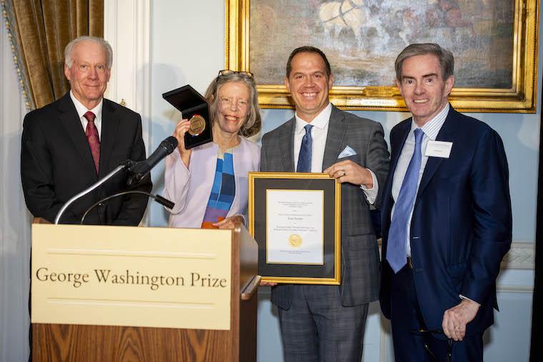 Bryan Matthews, Washington College interim president; Anne Pyne, Vice Regent for New York; GW Prize Winner Tyson Reeder; James Basker, Executive Director of Gilder Lehreman