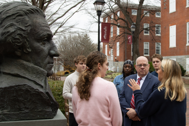 Gov. Larry Hogan meets with students on Washington College's campus to discuss civic engagement. 
