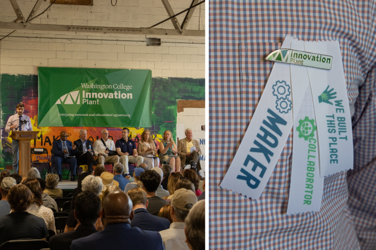 Pat Nugent, Dir of Civic Engagement at Washington College addresses a packed house at the Innovation Plant. 