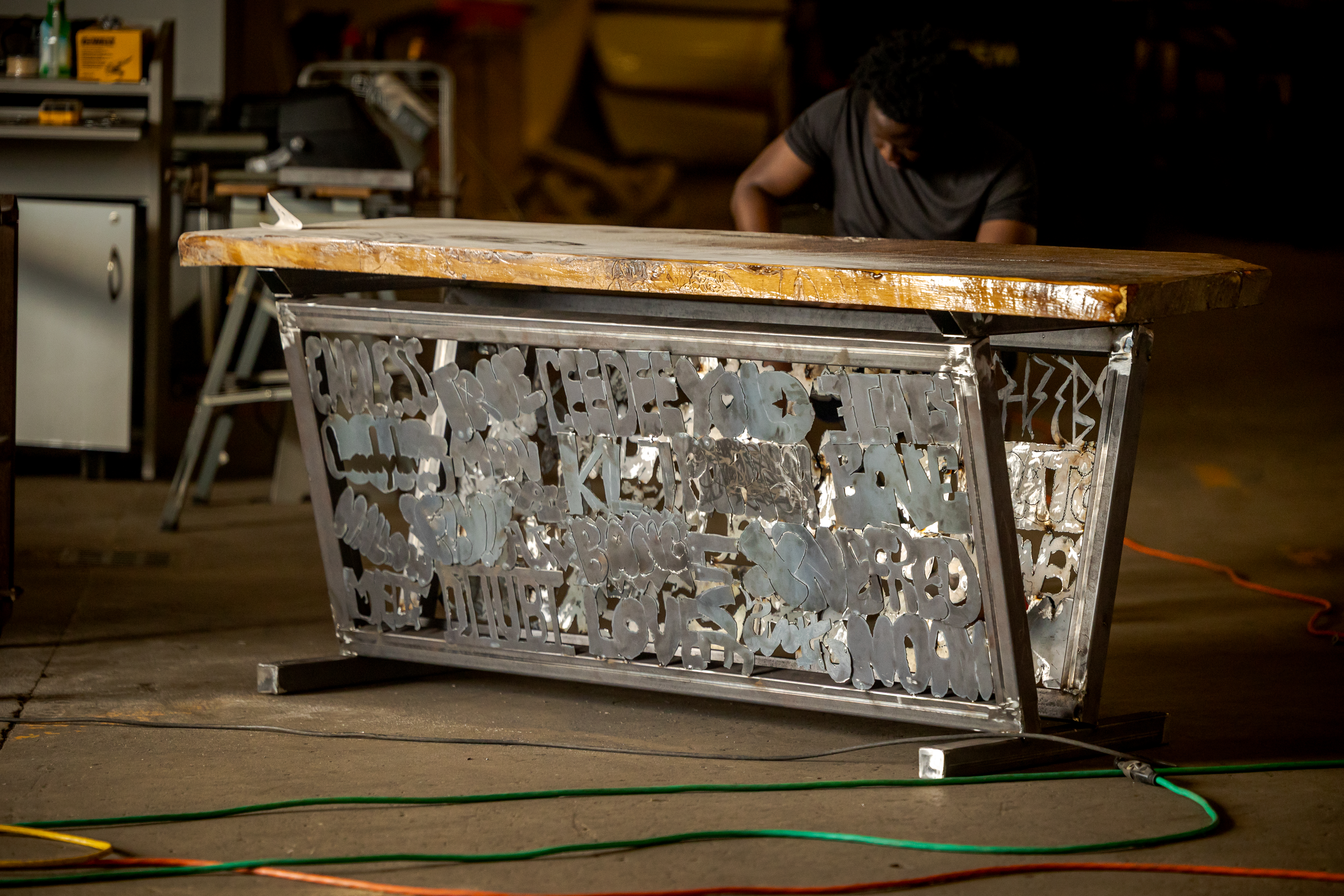 The table created by Jeremy Cress and interns at the Hip Hop Time Capsule project at the Washington College Innovation Plant. 