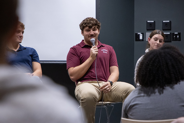 a student panelist answers a peer's question during Marketing Yourself Week
