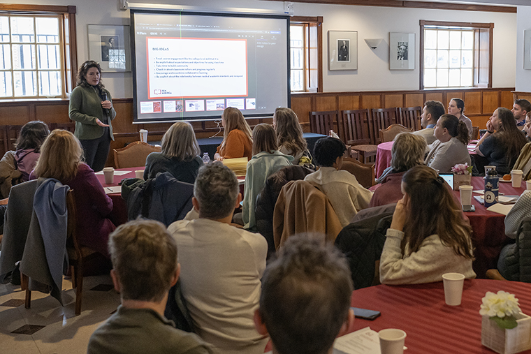 PEN America facilitator Lara Schwartz speaks to faculty in the faculty lounge