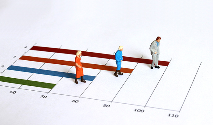 Illustration of three people walking on a bar graph