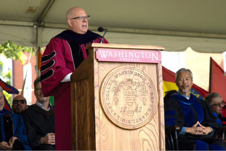 Gov. Larry Hogan announces his new Institute at Washington College's 2026 commencement ceremony. 