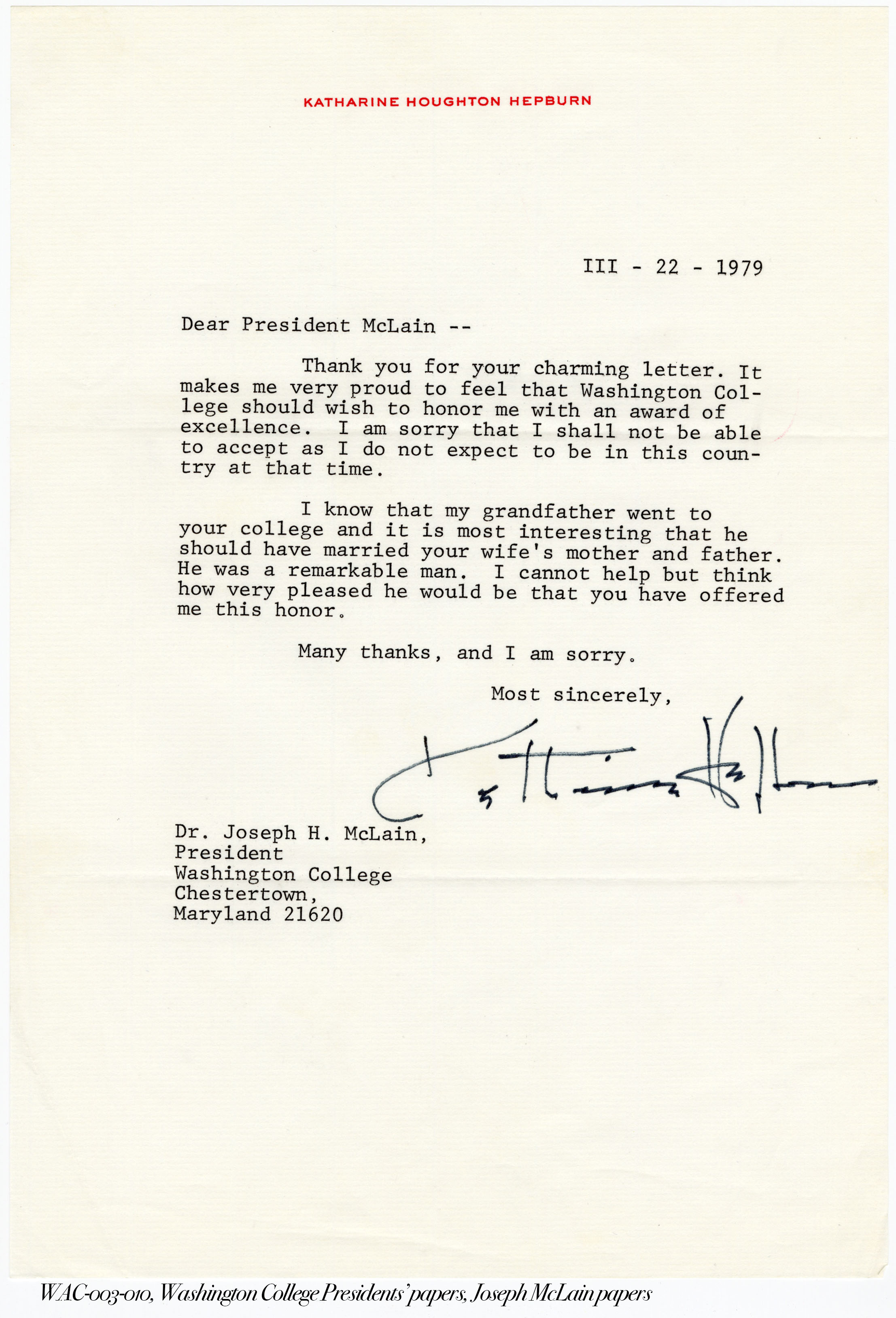 Katharine Hepburn letter