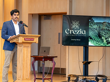 student presenting his business idea, Crezia Coffee