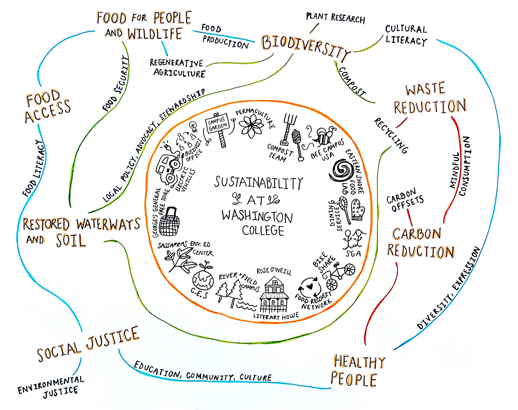 illustration of College sustainability initiatives as garden path